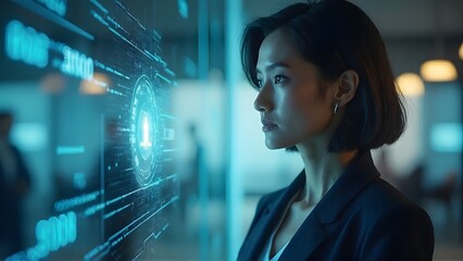 Confident Businesswoman Analyzing Data on Digital Facial Recognition Interface