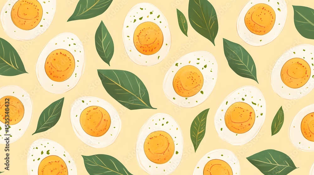 Poster half boiled egg and green leaves create a fresh and vibrant pattern design element