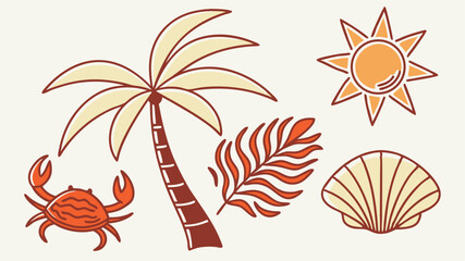 Hand drawn summer tropical elements beach holiday palm tree crab sun shell vector