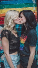 romantic couple kiss pride rainbow wall diversity lgbtq love celebration authentic street art background