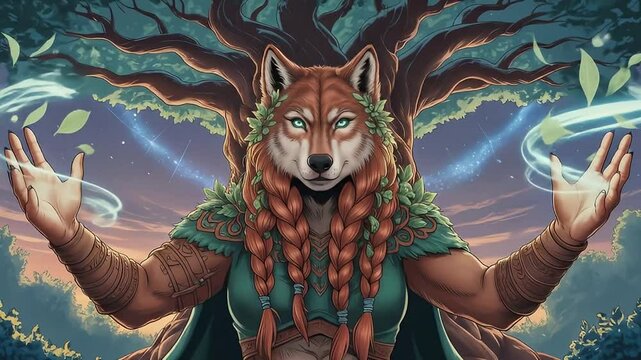 Dog woman druid with braids conjuring forest magic in front of a giant tree