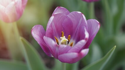 Naklejka premium Close-up of a purple tulip flower in bloom, showcasing its petals and stamen, surrounded by green foliage.