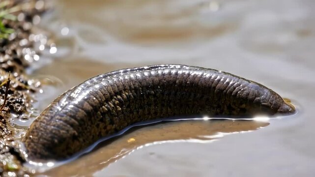 Close-up of a large, slimy earthworm crawling in a shallow body of muddy water near the grassy bank