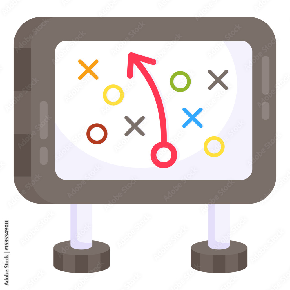 Poster strategy board with colorful icons and red arrow showing strategic planning and execution