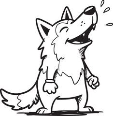 A black and white cartoon sketch of a wolf howling playfully, cartoon, sketch, black and white, black outline