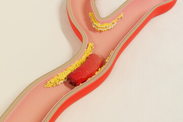 Hyperlipidemia concept. Fat deposits in blood vessels and red blood cell flow. Health care and medical. 3d render.