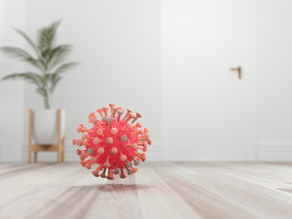 Coronavirus on floors inside home. 3d render.