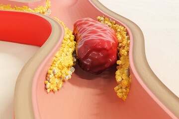 Hyperlipidemia concept. Fat deposits in blood vessels and red blood cell flow. Health care and medical. 3d render.