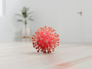 Coronavirus on floors inside home. 3d render.