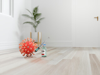 Coronavirus on floors inside home. 3d render.