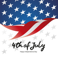 4th of July USA Independence Day label sticker banner card. Handwritten USA color shaped abstract bird symbol typography calligraphy lettering with stars on blue white background