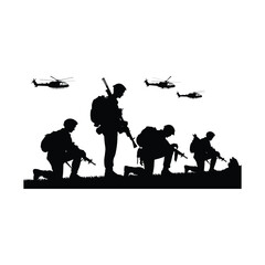 Obraz premium Silhouette illustration of soldiers with helicopters ready for military operation on a mission.