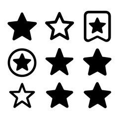 Star Icons in Array: Collection of stars in various shapes, sizes, and designs, perfect for use as symbols for rating, favoriting, or any concept that requires a star-shaped symbol.