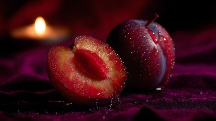 Fresh plums still life photography with water droplets and dark moody lighting