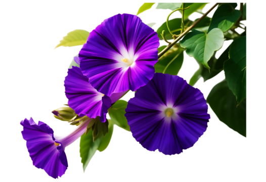 Striking Purple Morning Glories Cascading Delightfully with Vibrant Green Leaves Against a Stark Black Backdrop, A Captivating Botanical Display