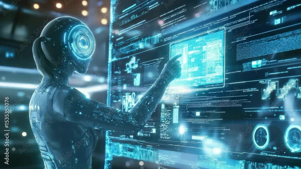 Poster A futuristic humanoid robot interacts with a large transparent digital interface filled with data and holographic displays.