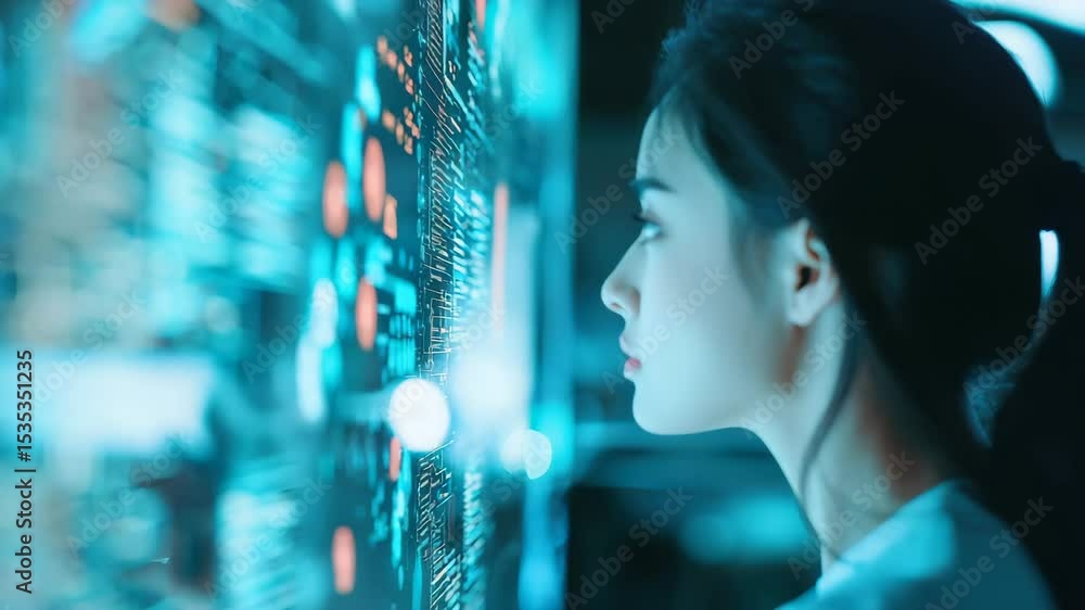 Poster a woman looks thoughtfully at a digital interface filled with data and glowing blue lights in a futu