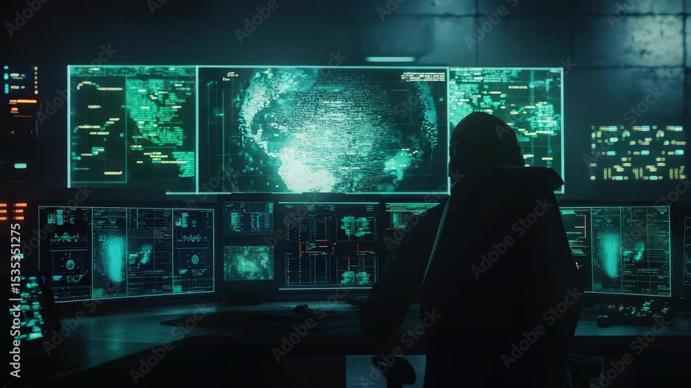 Poster A person sits in a dark room, monitoring multiple glowing computer screens with complex digital data and code.