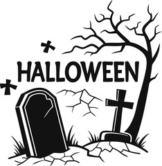 Spooky Halloween Graveyard with Tombstones and Tree