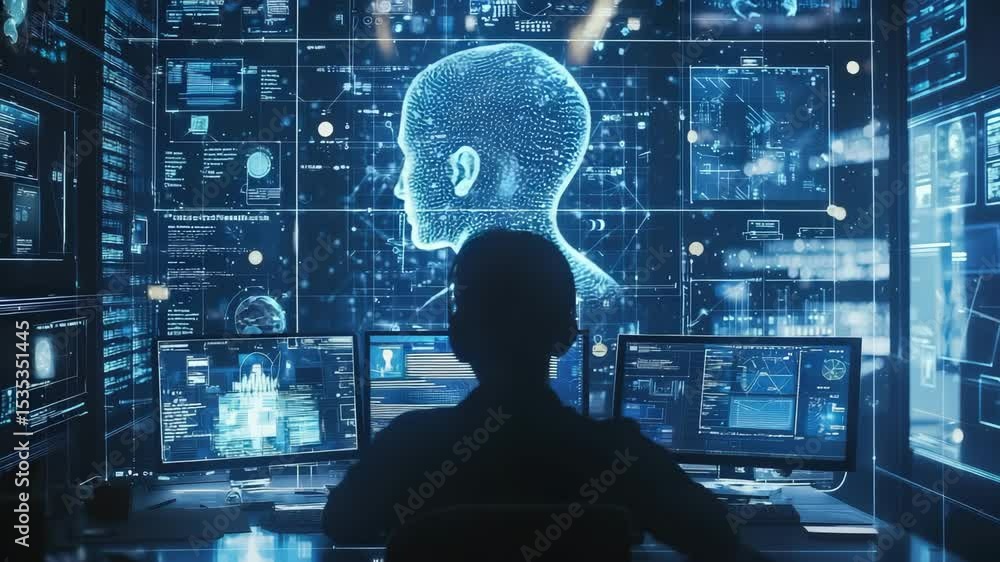 Poster A person works at a high-tech control center with digital screens displaying data, code, and a large virtual human head interface.