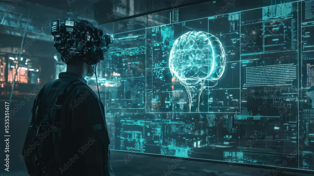 Poster a person wearing advanced vr gear interacts with a digital holographic brain display in a high-tech,