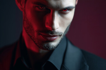 Obraz premium charismatic vampire with glowing red eyes stares intensely at the viewer. He wears a dark suit and shirt, exuding danger and seduction. His expression is calm but full of tension 