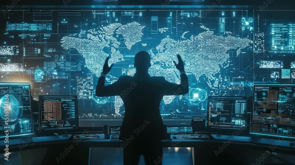 Aufkleber A person stands before large digital screens displaying a world map and complex data analytics in a high-tech control room.