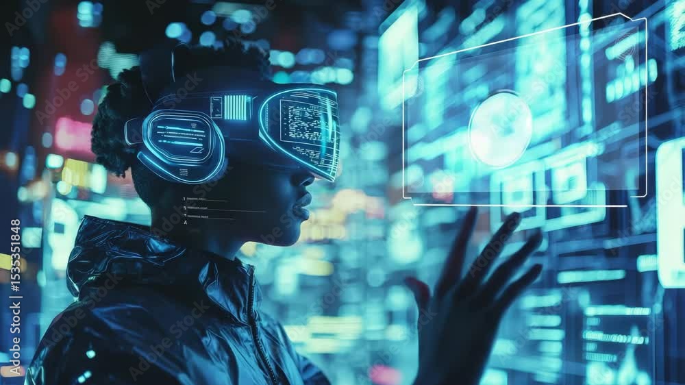 Poster a person wearing a futuristic vr headset interacts with glowing digital interfaces in a cyberpunk en