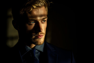 Fototapeta premium Handsome blond man in a suit bathed in cinematic light A captivating portrait of a blond man with piercing blue eyes, dressed in an elegant navy suit and tie, standing against a dark background. 