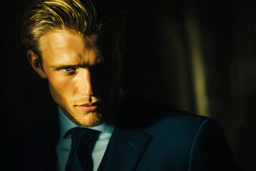 Fototapeta premium Handsome blond man in a suit bathed in cinematic light A captivating portrait of a blond man with piercing blue eyes, dressed in an elegant navy suit and tie, standing against a dark background. 