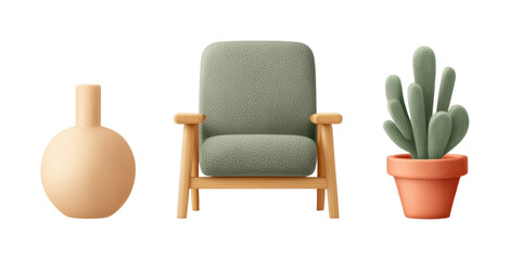 Fototapeta premium Cozy armchair with decorative vase and cactus in modern minimalist style