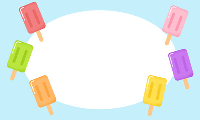 Popsicles Summer Blue Round Frames and Backgrounds, Colorful Ice Cream Bar, Fun and Refreshing Design in Vector Style