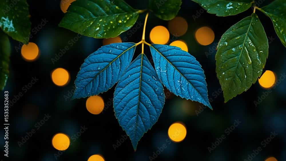 Poster fresh green leaves with water droplets against a soft bokeh background creating a calming nature sce