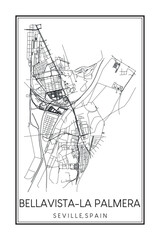 Hand drawn printable downtown road map poster of district BELLAVISTA-LA PALMERA of the Spanish city of SEVILLE on solid white background with city name