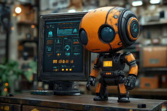 A robot with a computer on top.