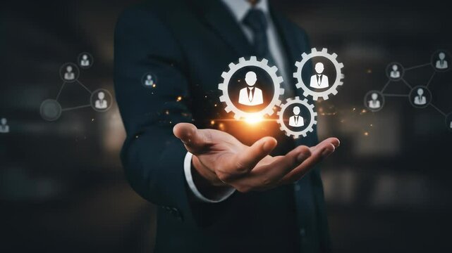 Strategic HR: Businessman's Hand Showcasing Talent Management, Networking, & Employee Engagement Concepts