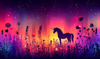 A dark unicorn stands in a field of colorful flowers beneath a starry, vibrant, multicolored, luminous sky