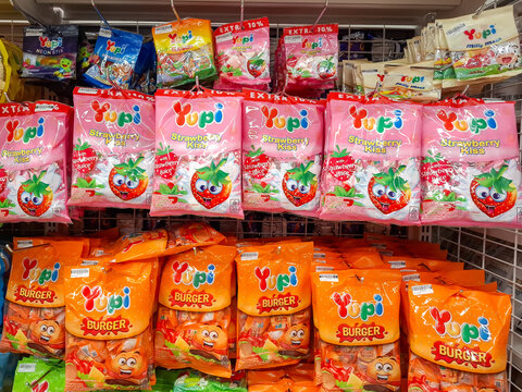 various brands and types of cotton candy or marshmallows brand yupi. food concept that is not good for dental health