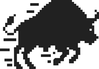 Fototapeta premium Pixelated bull in motion silhouette retro illustration, animal charge, energetic wild strength, aggressive movement concept