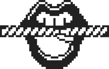 Fototapeta premium Pixelated mouth biting rope, retro digital design for privacy, secrecy, censorship, silence, restriction concept