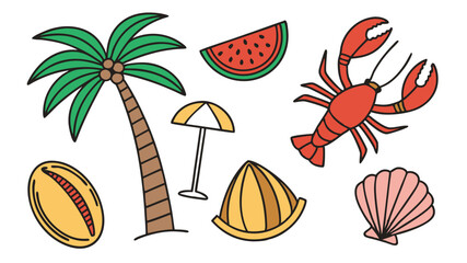Hand drawn tropical summer elements including a lobster palm tree watermelon and seashell