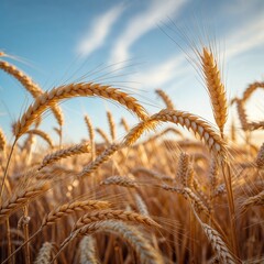 Golden Wheat Field Against a Blue Sky with White Clouds in Agriculture Landscape
