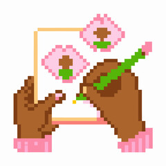 Fototapeta premium Pixel art brown hands holding paper and drawing with green pencil, flower pattern, creative activity, digital illustration