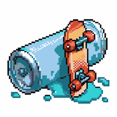 Obraz premium Pixel art skateboard and soda can retro style, bright colors youth culture, urban lifestyle, skateboarding, summer refreshment
