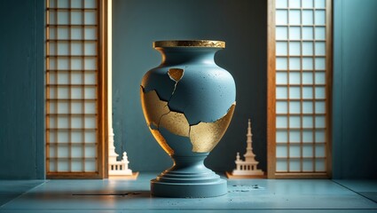 Kintsugi vase with golden cracks standing in a room with Japanese style doors