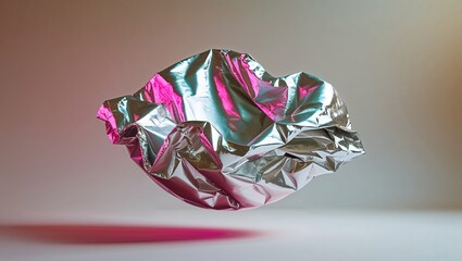 Crumpled aluminum foil with pink and turquoise light creating an abstract shape.