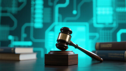 Gavel on a block against a teal circuit background