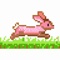 Pixel art pink bunny rabbit running on grass retro video game character, cute animal, digital sprite, 8 bit design