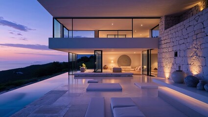 Two-story modern villa with infinity pool overlooking ocean with stylish living room