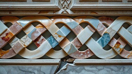Intricate interwoven marble stone wall art design with aged elements and weathered appearance